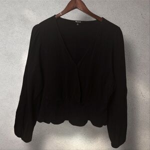 XL - Madewell Black Crinkle Gauze Smocked Faux Wrap Peplum Top